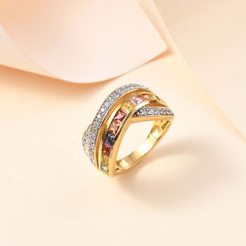 Mehrfarbiger Saphir, Wei&szlig;er Zirkon Ring, 925 Silber Gelbgold Vermeil (Gr&ouml;&szlig;e 18.00) ca. 2.12 ct