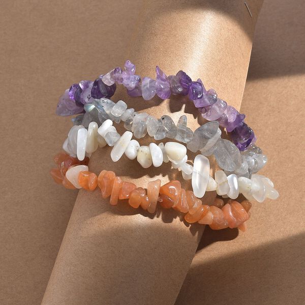 4er-Set - Flexible afrikanischer Amethyst, rote Aventurin, Labradorit und weiße Mondstein-Armbänder - 325 ct. image number 2
