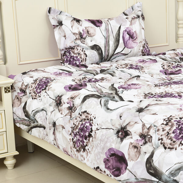 SERENITY NIGHT: 2er-Set, Bettdecke mit Kissenbezug, Tulpenmuster, allergiefreundlich, Weiß-Lila image number 1