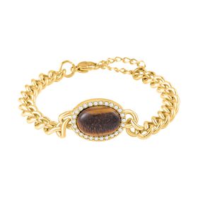Gelbes Tigerauge, weißer Kristall Armband ca. 19 cm Reiner Edelstahl, ca. 10.01 ct