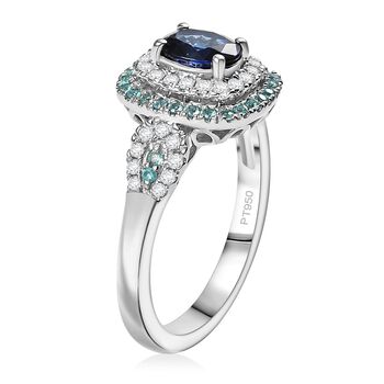 RHAPSODY zertifiziert und gepr&uuml;ft AAAA ceylonfarbener blauer Saphir, Paraiba Turmalin und VS Diamant Ring in 950 Platin - 1,84 ct.