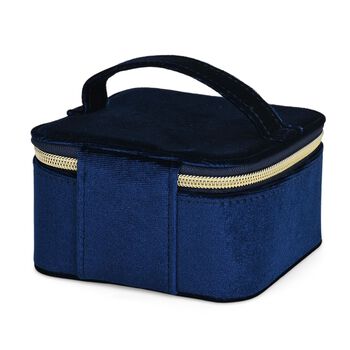 Samt-Schmuckbox mit 4 transparenten Schmuckbeuteln, 12x12x7 cm, Dunkelblau