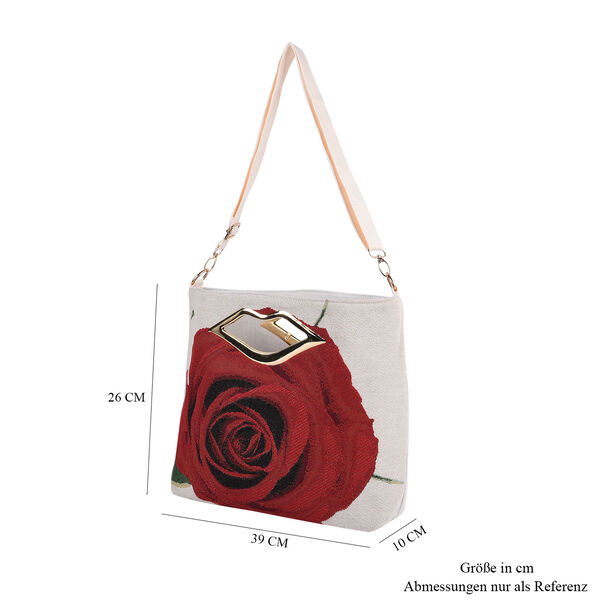 Jacquard Crossbody Tasche, Rose Muster, Größe 39x10x26 cm, Beige und Rot image number 6
