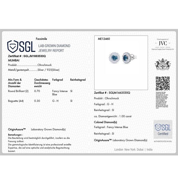 LUXURIANT SGL zertifizierter SI-GH blauer und wei&szlig;er Labor Diamant Anh&auml;nget mit 50cm Kette und Ohrringe image number 12
