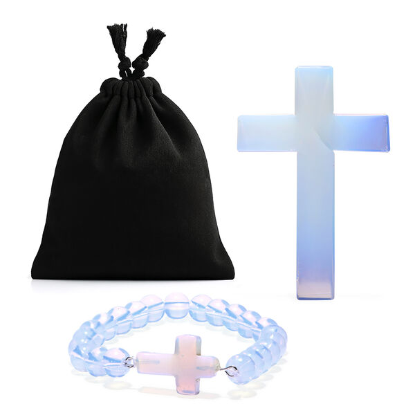 "Livmore  Set of 2 opalite Gemstone Cross  With Bracelet With Cross Charm Size - 3 Inch  Weight - 46 Gm Color- Brown"