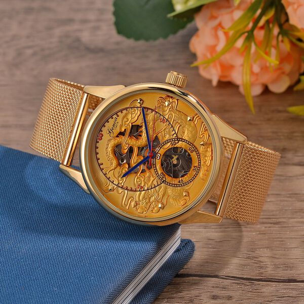 GENOA TIME V2 - Automatische mechanische Uhr mit Drachenmuster und Edelstahl-Mesharmband, 23 cm, vergoldet, ca. 89,00g image number 2