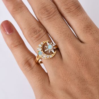 D'Joy AA Nat&uuml;rlicher, &auml;thiopischer Welo Opal, Wei&szlig;er Zirkon Ring 925 Silber 750 Gelb Vergoldet (Gr&ouml;&szlig;e 18.00) ca. 0,79 ct