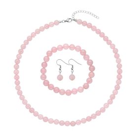 3er Set - Rosenquarz Halskette, Armband und Ohrringe, 316L Edelstahl ca. 323.50 ct