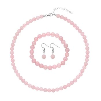 3er Set - Rosenquarz Halskette, Armband und Ohrringe, 316L Edelstahl ca. 323.50 ct
