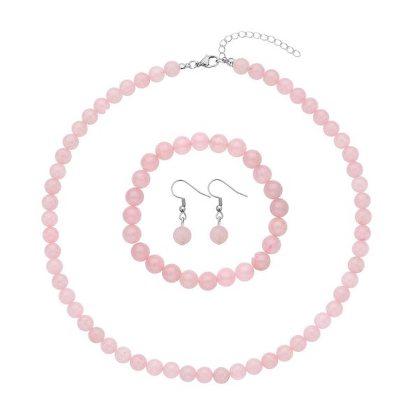 3er Set - Rosenquarz Halskette, Armband und Ohrringe, 316L Edelstahl ca. 323.50 ct