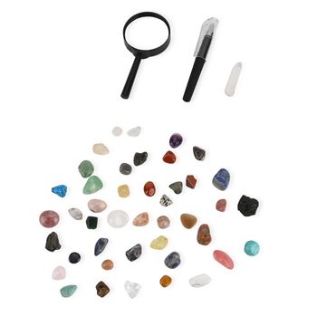 LIVMORE Mineralien Sammlung Set 45 teilig mit Bergkristall und Lupe, Mehrfarbig
