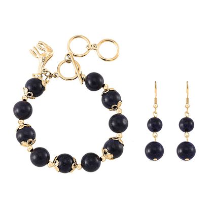 2er Set - Blauer Sandstein Armband und Ohrringe, Reiner Edelstahl, vergoldet, ca. 180.00 ct