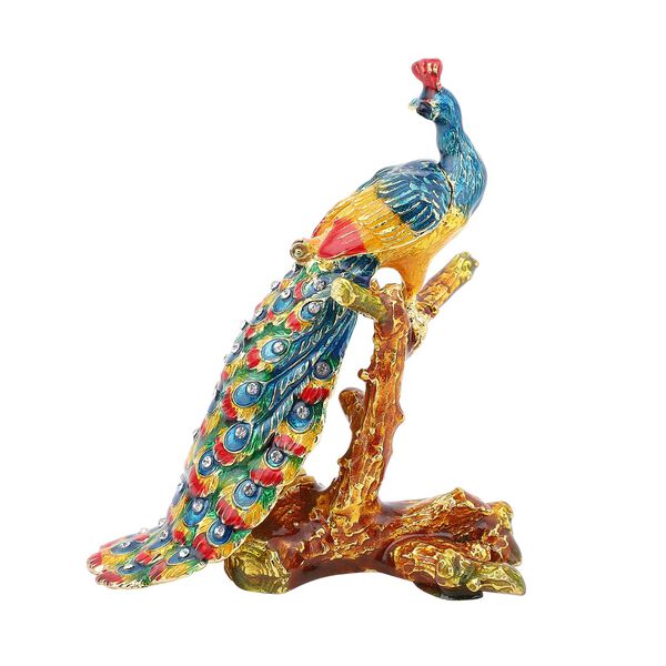 Tablettendöschen mit weißen Kristallen, emailliert, goldfarben, Pfau image number 4