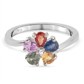 Mehrfarbig Saphir und Zirkon Blumen Ring 925 Silber platiniert (Gr&ouml;&szlig;e 16.00) ca. 1,08 ct
