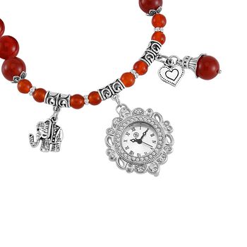 STRADA - Japanisches Uhrwerk, Roter Achat, Wei&szlig;er Kristall Flexible Uhr 18.5 cm 316L Edelstahl ca. 25.30 ct