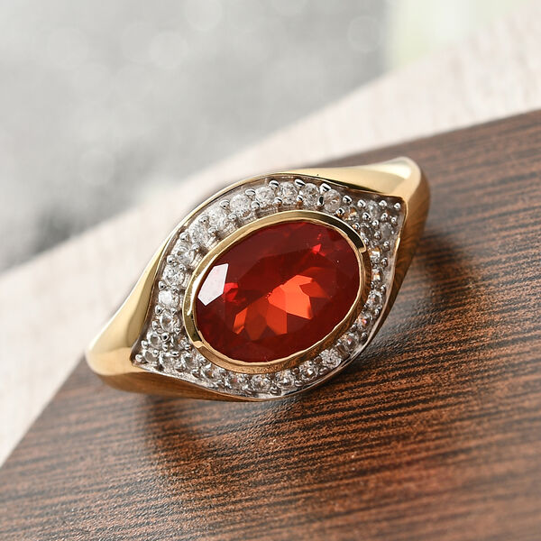 Mexikanischer Kirschfeuer-Opal und Zirkon Ring 925 Silber Gelbgold Vermeil  ca. 1,72 ct image number 2