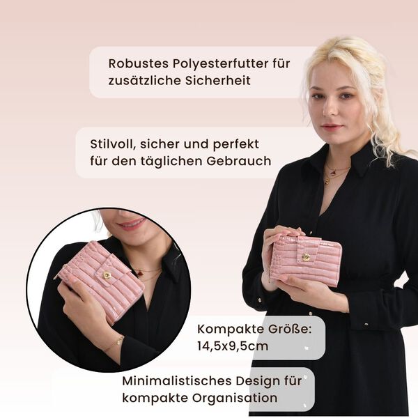 Elegante Geldbörse mit Krokoprägung, RFID-Schutz, 14,5×9,5cm, Rosa image number 4