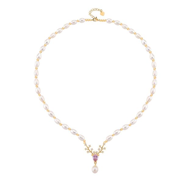 Wei&szlig;e S&uuml;&szlig;wasser Perle, Rosa Zirkonia Halskette ca. 50cm + 2.5cm extender, Nickelfreies Messing gelb vergoldet image number 3