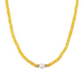 Muschelkernperle (9-11 mm) Halskette mit Gelbem Quarzit, verstellbar ca. 40.5 cm +10 cm Extender, goldfarben