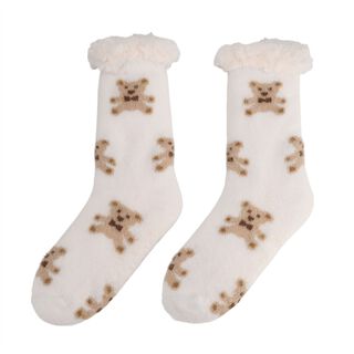 Kuschelige Sherpa-Socken mit Teddy-Bär-Motiv, Teddy Weiß