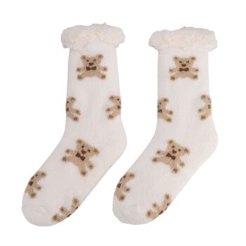 Kuschelige Sherpa-Socken mit Teddy-B&auml;r-Motiv, Teddy Wei&szlig;