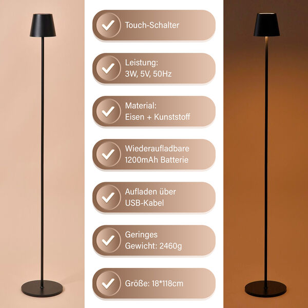 Kabellose Stehlampe mit Touch-Steuerung, Schwarz, 18x118 cm image number 3