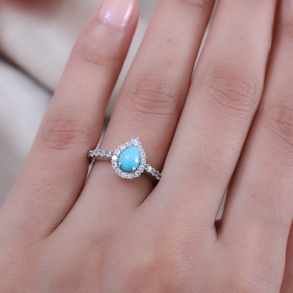 Nat&uuml;rlicher Sleeping Beauty T&uuml;rkis und Zirkon Halo Ring 925 Silber Platin-&Uuml;berzug