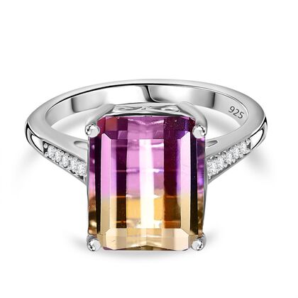 AAA Bolivian Ametrine, Wei&szlig;er Zirkon Ring, 925 Silber platiniert (Gr&ouml;&szlig;e 18.00) ca. 6.20 ct