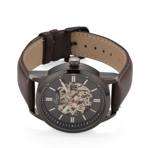 GENOA TIME V2 Automatikuhr mit mechanischem Automatikwerk, Zifferblatt Schwarz mit Sonnenschliff und offenem Design, Kaffeebraun Lederarmband 3 ATM wasserdicht image number 4