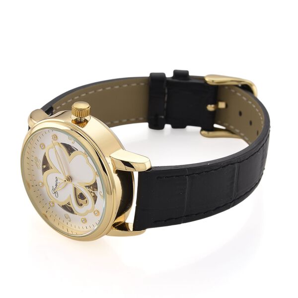 GENOA TIME V2 Automatikuhr mit Automatikwerk, Zifferblatt mit Blumenmuster und Moissaniten, schwarzes Lederarmband, 36 mm, ca. 0,08 ct. image number 5