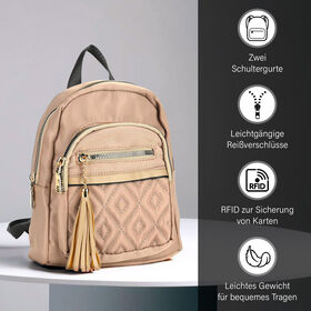 Moderner Kunstleder Rucksack in Steppoptik mit RFID-Schutz, Beige