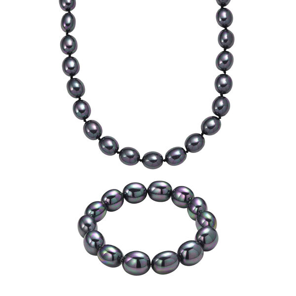 Pfaufarbene Oval Muschelkernperle 50cm Halskette und flexibles Armband