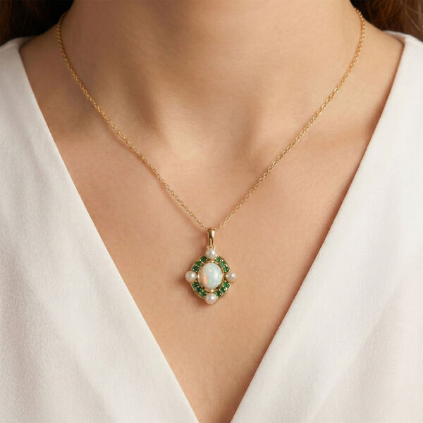 D'Joy nat&uuml;rlicher, &auml;thiopischer Welo Opal, Perle und Smaragd Anh&auml;nger mit 50cm Kette image number 3