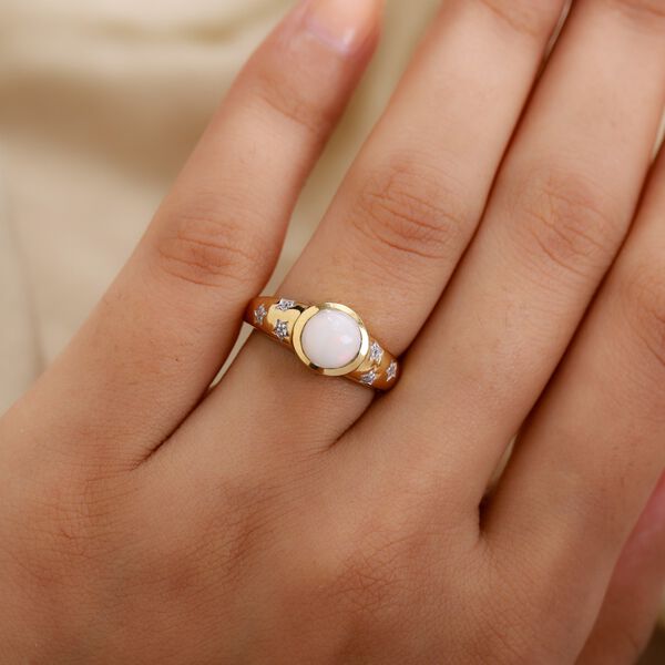 Nat&uuml;rlicher &Auml;thiopischer Opal und Zirkon Solit&auml;r Ring 925 Silber 585 Vergoldet image number 3