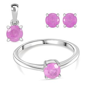 3er Set - D'Joy Ilakaka Rosa Saphir (Fissure gefüllt) Ohrringe, Ring und Anhänger, 925 Silber rhodiniert (Größe 18) ca. 1.84 ct