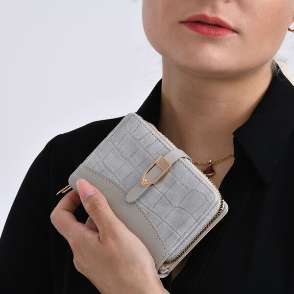 2-teiliges Geldbörsen-Set im Krokoprägungs-Design, Lange Geldbörse 20x10x3 cm und Bifold-Geldbörse 12x9x3,5 cm, Grau image number 3