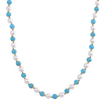 Blauer Howlit, Wei&szlig;e Muschelkernperle (7-9 mm) Halskette ca. 45 cm+ 5 cm Extender, gelb vergoldet