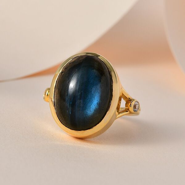 AAA Labradorit, Wei&szlig;er Zirkon Ring, 925 Silber Gelbgold Vermeil (Gr&ouml;&szlig;e 17.00) ca. 10.22 ct image number 1