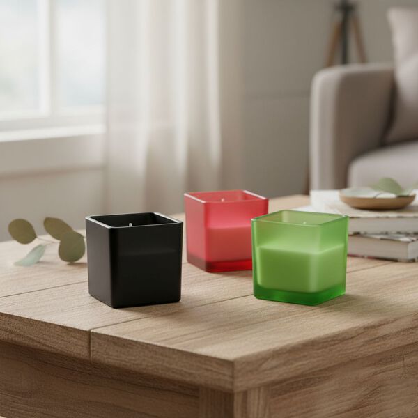 "Scented candles with bamboo base Color: Green + Black + Burgundy Squre glass jar size: 6*6cm Aroma: Coconut vanilla + mint + strawberry berries 5% perfume Paraffin Wax weight: 85g Burning time: Approximately 15 hours  ????? ??:??+??+??? ?????:6*6cm ??:?? image number 2