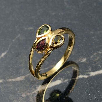 D joy Mehrfarbiger-Turmalin Ring 925 Silber 750 Gelb Vergoldet (Gr&ouml;&szlig;e 20.00) ca. 0.60 ct