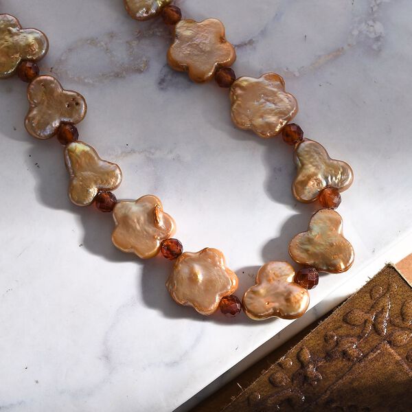 Goldfarbene gef&auml;rbte Perle, Hessonit Granat Halskette ca. 45 cm 925 Silber 750 Gelbgold Vermeil image number 1