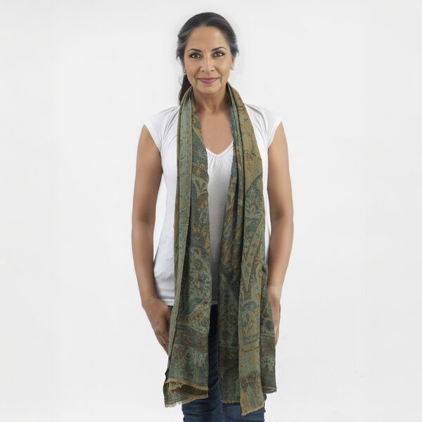 Premium Kollektion - gewebter Schulterschal, Natur Seide und Wolle, Jamawar Design, 70x200 cm, Olivgr&uuml;n image number 3
