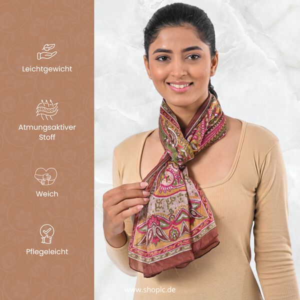 Bedruckter Schal aus 100% Seide, Mehrfarbiges Muster mit brauner Bordüre, 70x200 cm image number 3