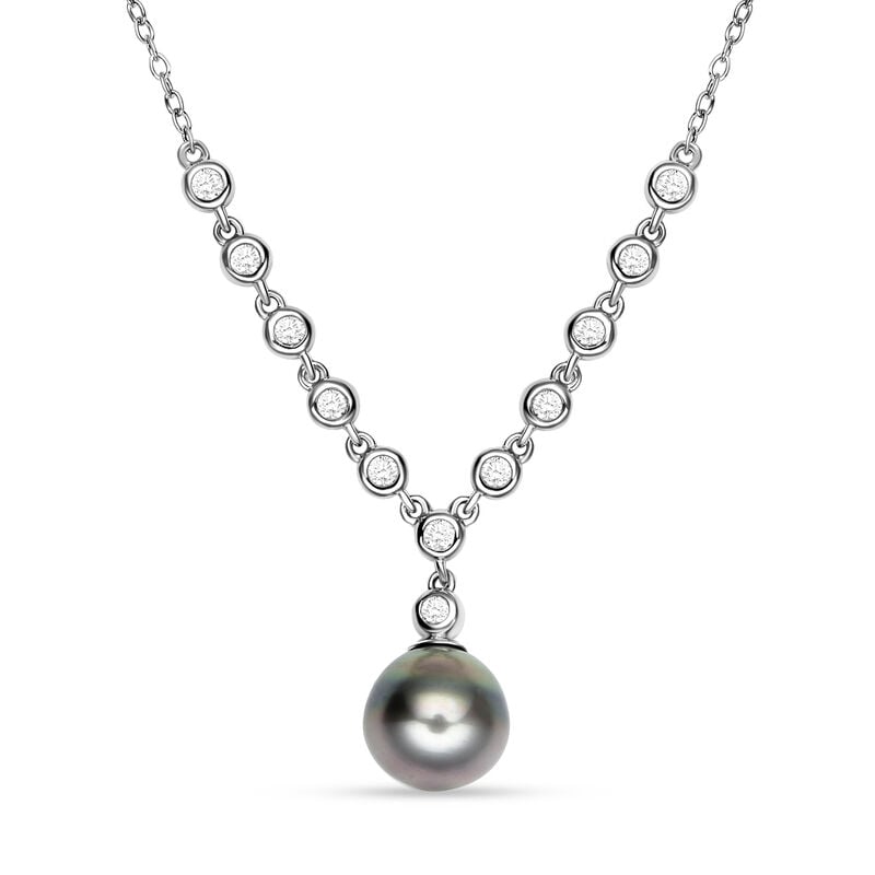 Tahiti Perlen (9-10 mm) und weiße Zirkon Halskette, ca. 45 cm, 925 Silber rhodiniert ca. 0,61 ct image number 0