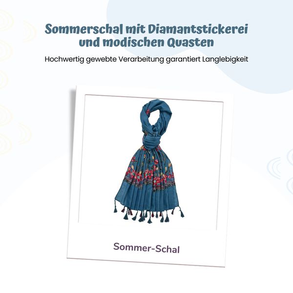 Leichter Sommer-Schal mit Diamantstickerei und Fransen, 68x180 cm, Türkisblau image number 2