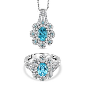 D'Joy AAA Betroka blauer Apatit und Moissanit Ring und Anh&auml;nger mit 50cm Kette