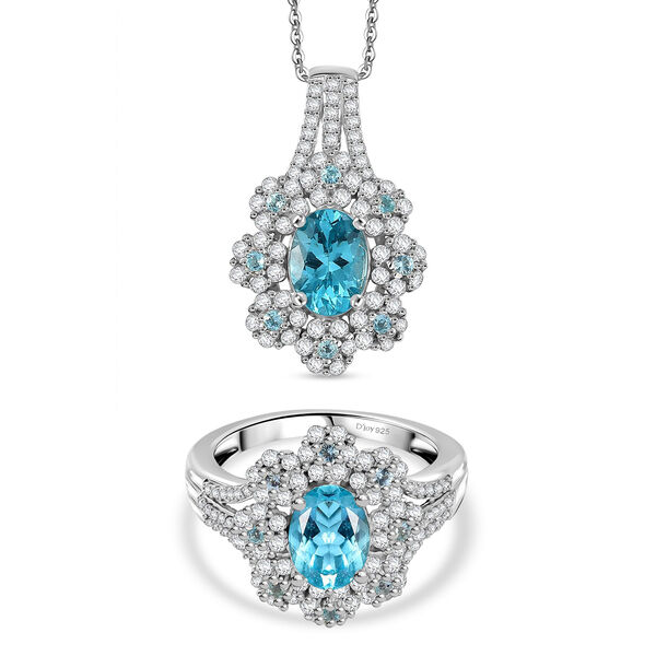 D'Joy AAA Betroka blauer Apatit und Moissanit Ring und Anh&auml;nger mit 50cm Kette