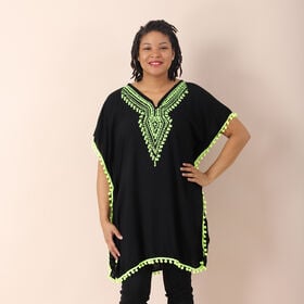 JOVIE bestickter Kaftan mit Quasten, Schwarz mit grüner Stickerei