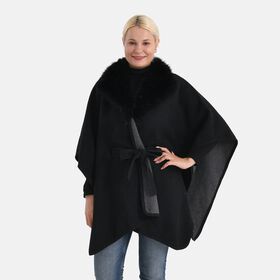 LA MAREY - Poncho mit Kunstfellkragen und Gürtel, One Size, Schwarz