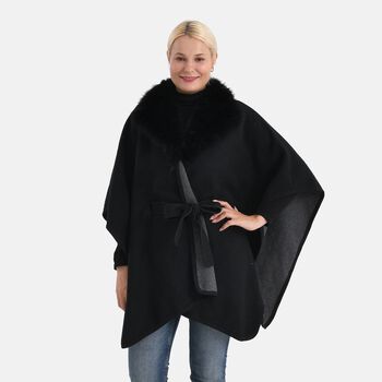 LA MAREY - Poncho mit Kunstfellkragen und G&uuml;rtel, One Size, Schwarz